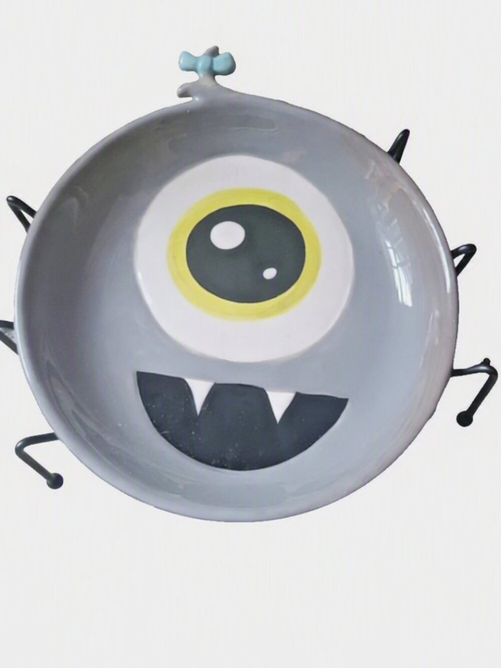 Halloween Monster Candy Bowl Gray Ceramic One Eye Spider Leg Decor 7.75"